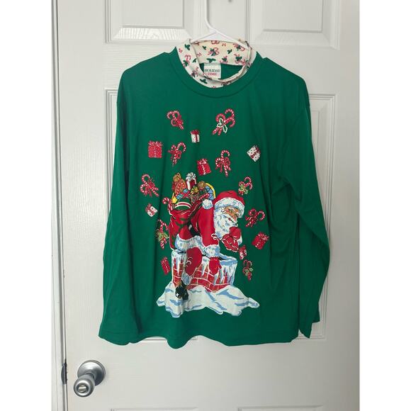 Vintage Holiday Turtle Neck Layered Long Sleeve Santa Christmas Shirt Sz: Large - Picture 1 of 4